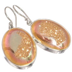 925 Silver Peach Pink Orange Oval Titanium Druzy Drusy Earrings, 1"