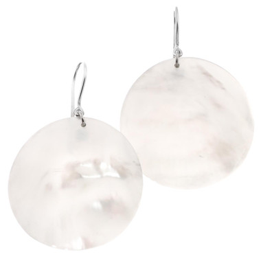 925 Silver Round Oyster White Mother Of Pearl Shell Sterling Earrings, 1 3/8"