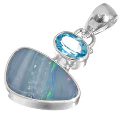 925 Silver London Blue Topaz Big Australian Opal Sterling Pendant, 1"