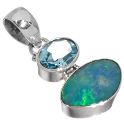 925 Silver London Blue Topaz Big Australian Opal Sterling Pendant, 1"