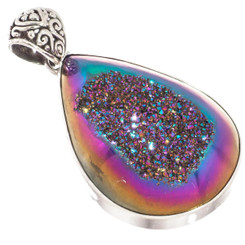 925 Silver Pear Rainbow Titanium Agate Druzy Drusy Teardrop Pendant, 1 3/4"