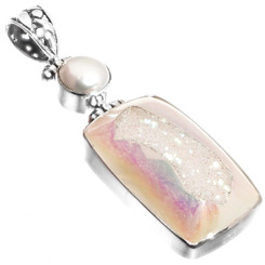 925 Silver White Biwa Freshwater Pearl Opal Titanium Druzy Drusy Pendant, 1 7/8"