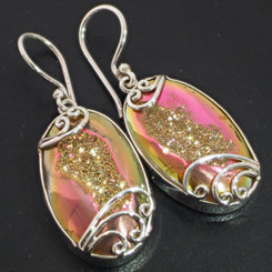 925 Silver Pink Azalea Titanium Agate Druzy Sterling Sparkling Earrings, 1"