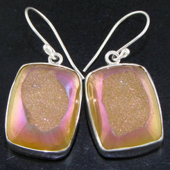 925 Silver Rectangle Azalea Pink Titanium Druzy Drusy Earrings, 1"