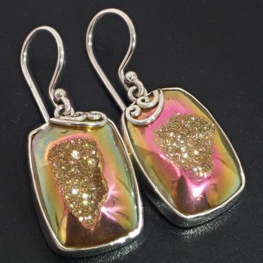 925 Silver Rectangle Azalea Pink Titanium Druzy Drusy Earrings, 1"