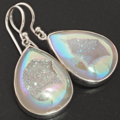 Opal White Titanium Druzy Teardrop 925 Silver Drop Earrings, 1"