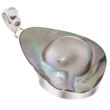 925 Silver South Pacific Mabe Blister Pearl Shell Sterling Pendant, 1 3/4"