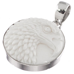 925 Silver Handcarved Eagle Head Bison Bone Bovine Sterling Pendant, 1 3/8"