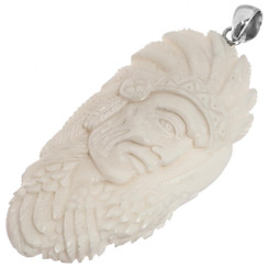 Hand Carving Indian Chief Warrior Bison Bone 925 Sterling Silver Pendant, 3"