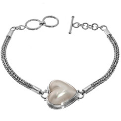 925 Silver White Ocean Pearl Heart Mabe Pearl Sterling Chain Bracelet, 7.5-8"