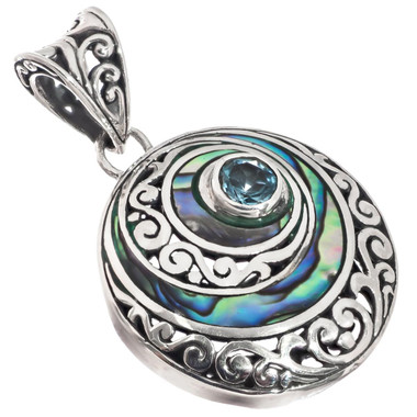 925 Silver Paua Handmade Bali Filigree Scrollwork Cone Shell Design Pendant, 2"