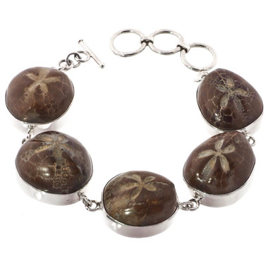 925 Silver Madagascar Fossil Sand Dollar Sterling Adjustable Bracelet, 6.5-7.5"
