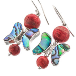 925 Silver Sale! Cute Paua Abalone Shell Butterfly Red Coral Earrings, 1 1/8"