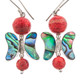 925 Silver Sale! Cute Paua Abalone Shell Butterfly Red Coral Earrings, 1 1/8"