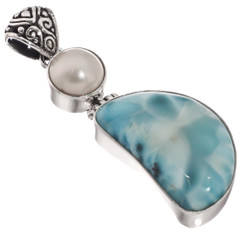 925 Silver Large Blue Larimar White Mabe Ocean Pearl Sterling Pendant, 2