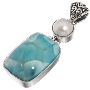 925 Silver Large Blue Larimar White Mabe Ocean Pearl Sterling Pendant, 2 1/8
