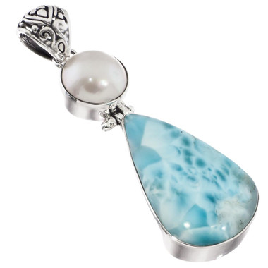 925 Silver Large Blue Larimar White Mabe Ocean Pearl Sterling Pendant, 2 1/4