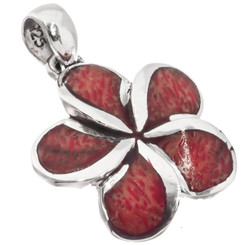 925 Silver Plumeria Flower Red Sponge Coral Shell Sterling Pendant, 1 1/4"