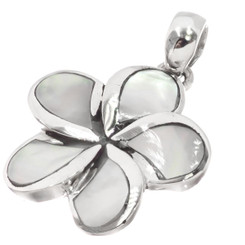 925 Silver Plumeria White Oyster Mother of Pearl Shell Sterling Pendant, 1 1/4"