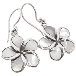 925 Silver Plumeria Styled White Mother of Pearl Shell Sterling Earrings, 3/4"