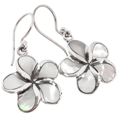 925 Silver Plumeria Styled White Mother of Pearl Shell Sterling Earrings, 3/4"