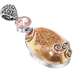 925 Silver Pink Quartz Pink Azalea Titanium Druzy Drusy Pendant, 2 1/4"