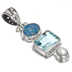 Blue Topaz Opal Freshwater Cultured Pearl 925 Sterling Silver Pendant, 1 1/2"