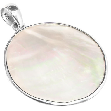 925 Silver Round Iridescent White Oyster Mother Of Pearl Shell Pendant, 1 1/8"