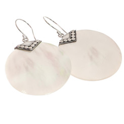 925 Silver Round Iridescent Oyster White Mother Of Pearl Shell Earrings, 1 1/8"