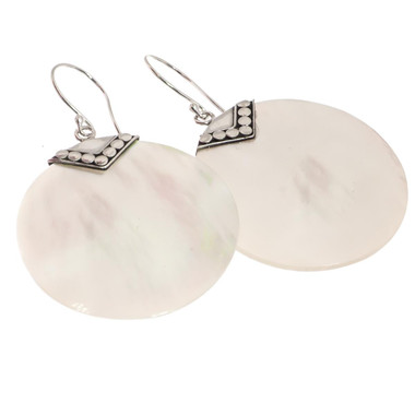 925 Silver Round Iridescent Oyster White Mother Of Pearl Shell Earrings, 1 1/8"