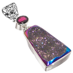 925 Sterling Garnet Titanium Agate Sparkling Druzy Drusy Pendant, 2 3/4"