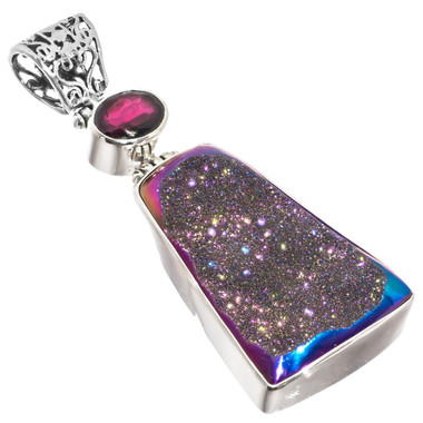 925 Sterling Garnet Titanium Agate Sparkling Druzy Drusy Pendant, 2 3/4"
