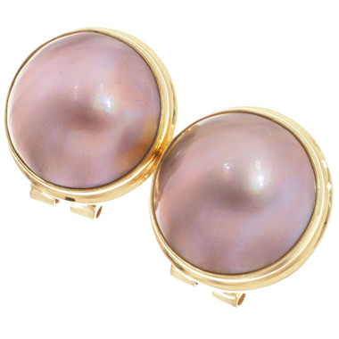 925 Silver Large Mauve Mabe Pearl Vermeil Gold Plated Omega Post Earrings 13/16"