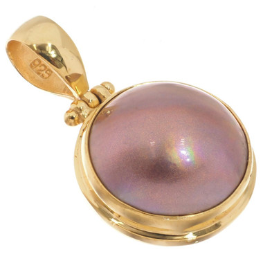 925 Silver Very Large 18mm Mauve Mabe Pearl Vermeil Gold Plated Pendant, 1 3/8"