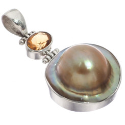925 Silver Natural Citrine South Sea Cultured Blister Mabe Pearl Pendant, 1 3/4"