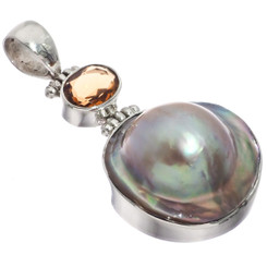925 Silver Natural Citrine South Sea Cultured Blister Mabe Pearl Pendant, 1 3/4"