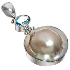 925 Silver Blue Topaz South Sea Cultured Blister Mabe Pearl Pendant, 1 3/4"