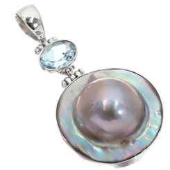 925 Silver Blue Topaz South Sea Cultured Blister Mabe Pearl Pendant, 1 3/4"