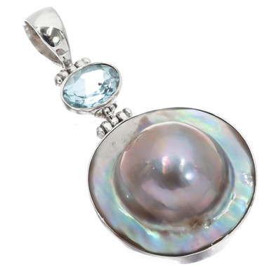 925 Silver Blue Topaz South Sea Cultured Blister Mabe Pearl Pendant, 1 3/4"