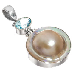 925 Silver Blue Topaz South Sea Cultured Blister Mabe Pearl Pendant, 1 3/4"