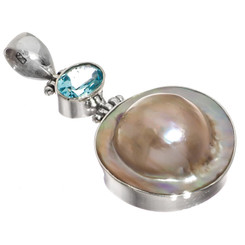 925 Silver Blue Topaz South Sea Cultured Blister Mabe Pearl Pendant, 1 3/4"