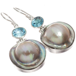 925 Silver South Sea Blister Mabe Pearl Blue Topaz Sterling Earrings, 1 1/4"