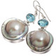 925 Silver South Sea Blister Mabe Pearl Blue Topaz Sterling Earrings, 1 1/4"