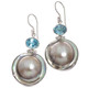 925 Silver South Sea Blister Mabe Pearl Blue Topaz Sterling Earrings, 1 1/4"