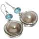 925 Silver South Sea Blister Mabe Pearl Blue Topaz Sterling Earrings, 1 1/4"