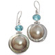 925 Silver South Sea Blister Mabe Pearl Blue Topaz Sterling Earrings, 1 1/4"