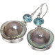 925 Silver South Sea Blister Mabe Pearl Blue Topaz Sterling Earrings, 1 1/4"
