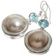 925 Silver South Sea Blister Mabe Pearl Blue Topaz Sterling Earrings, 1 1/4"
