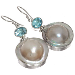 925 Silver South Sea Blister Mabe Pearl Blue Topaz Sterling Earrings, 1 1/4"