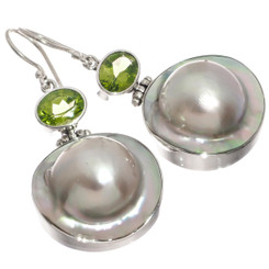 925 Silver South Sea Cultured Blister Mabe Pearl Green Peridot Earrings, 1 1/4"